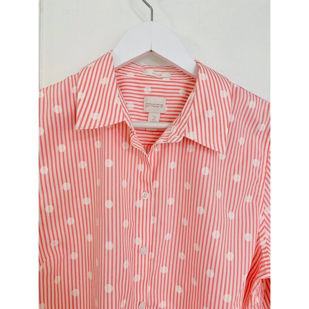 Chicos No Iron Button Down Coral Striped Polka Dot Shirt Size 2 (L-12) - Picture 5 of 14